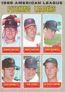 1970 O-Pee-Chee #70 1969 American League Pitching Leaders (Denny McClain / Mike Cuellar / Dave Boswell / Dave McNally / Jim Perry / Mel Stottlemyre) Front