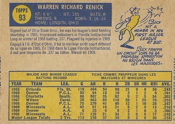 1970 O-Pee-Chee #93 Rick Renick Back