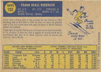 1970 O-Pee-Chee #103 Frank Reberger Back