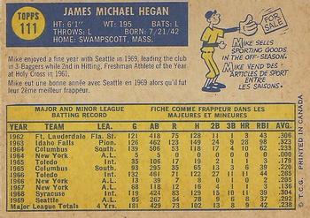 1970 O-Pee-Chee #111 Mike Hegan Back