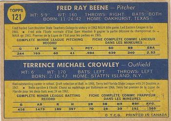 1970 O-Pee-Chee #121 Orioles 1970 Rookie Stars (Fred Beene / Terry Crowley) Back
