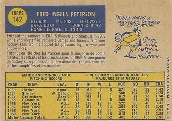 1970 O-Pee-Chee #142 Fritz Peterson Back