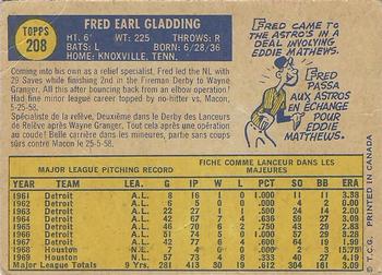 1970 O-Pee-Chee #208 Fred Gladding Back