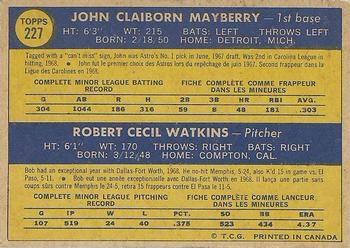 1970 O-Pee-Chee #227 Astros 1970 Rookie Stars (John Mayberry / Bob Watkins) Back