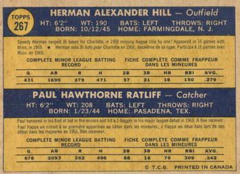 1970 O-Pee-Chee #267 Twins 1970 Rookie Stars (Herman Hill / Paul Ratliff) Back