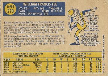 1970 O-Pee-Chee #279 Bill Lee Back