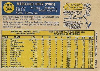 1970 O-Pee-Chee #344 Marcelino Lopez Back