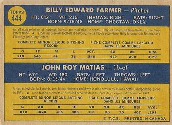 1970 O-Pee-Chee #444 White Sox 1970 Rookie Stars (Billy Farmer / John Matias) Back