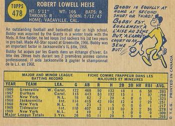 1970 O-Pee-Chee #478 Bob Heise Back