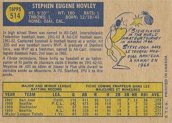 1970 O-Pee-Chee #514 Steve Hovley Back