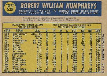 1970 O-Pee-Chee #538 Bob Humphreys Back