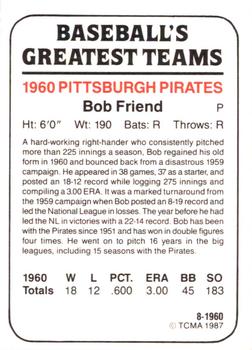1987 TCMA 1960 Pittsburgh Pirates #8 Bob Friend Back