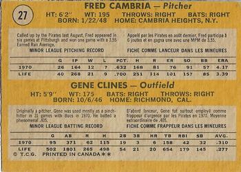 1971 O-Pee-Chee #27 Pirates 1971 Rookie Stars (Fred Cambria / Gene Clines) Back