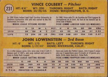 1971 O-Pee-Chee #231 Indians 1971 Rookie Stars (Vince Colbert / John Lowenstein) Back