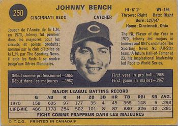 1971 O-Pee-Chee #250 Johnny Bench Back