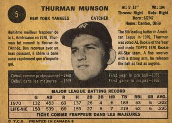 1971 O-Pee-Chee #5 Thurman Munson Back