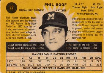 1971 O-Pee-Chee #22 Phil Roof Back