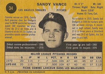 1971 O-Pee-Chee #34 Sandy Vance Back