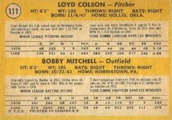 1971 O-Pee-Chee #111 Yankees 1971 Rookie Stars (Loyd Colson / Bobby Mitchell) Back
