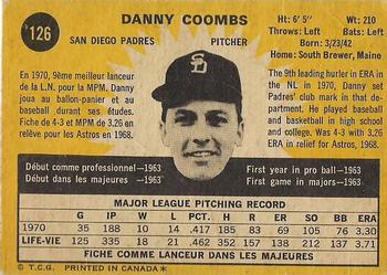 1971 O-Pee-Chee #126 Danny Coombs Back