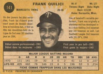 1971 O-Pee-Chee #141 Frank Quilici Back