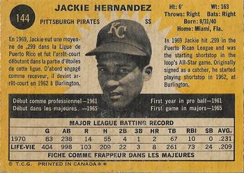 1971 O-Pee-Chee #144 Jackie Hernandez Back