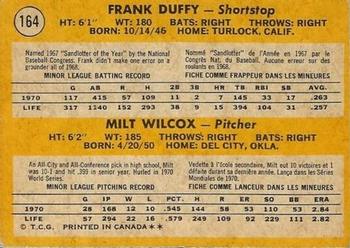 1971 O-Pee-Chee #164 Reds 1971 Rookie Stars (Frank Duffy / Milt Wilcox) Back
