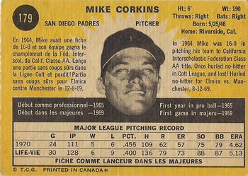 1971 O-Pee-Chee #179 Mike Corkins Back