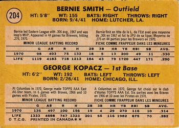 1971 O-Pee-Chee #204 Brewers 1971 Rookie Stars (Bernie Smith / George Kopacz) Back