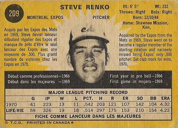 1971 O-Pee-Chee #209 Steve Renko Back