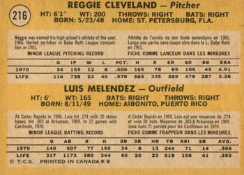 1971 O-Pee-Chee #216 Cards 1971 Rookie Stars (Reggie Cleveland / Luis Melendez) Back