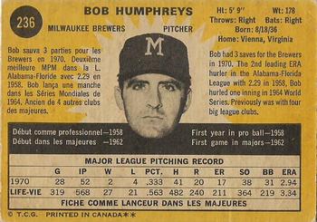 1971 O-Pee-Chee #236 Bob Humphreys Back