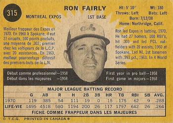 1971 O-Pee-Chee #315 Ron Fairly Back