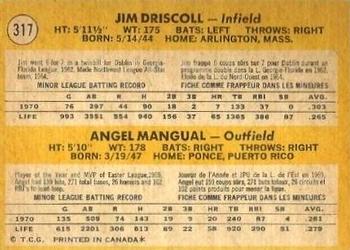 1971 O-Pee-Chee #317 Athletics 1971 Rookie Stars (Jim Driscoll / Angel Mangual) Back