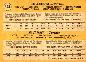 1971 O-Pee-Chee #343 Pirates 1971 Rookie Stars (Ed Acosta / Milt May) Back
