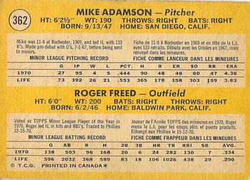 1971 O-Pee-Chee #362 Orioles 1971 Rookie Stars (Mike Adamson / Roger Freed) Back