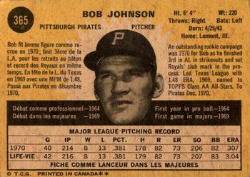 1971 O-Pee-Chee #365 Bob Johnson Back