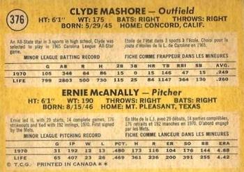 1971 O-Pee-Chee #376 Expos 1971 Rookie Stars (Clyde Mashore / Ernie McAnally) Back