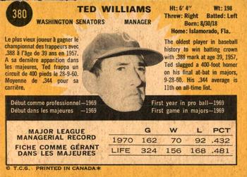 1971 O-Pee-Chee #380 Ted Williams Back