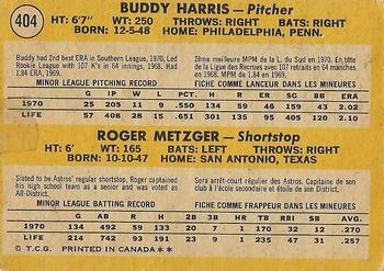 1971 O-Pee-Chee #404 Astros 1971 Rookie Stars (Buddy Harris / Roger Metzger) Back