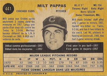 1971 O-Pee-Chee #441 Milt Pappas Back