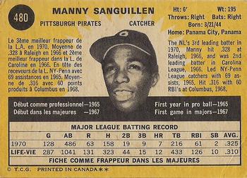 1971 O-Pee-Chee #480 Manny Sanguillen Back