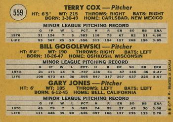 1971 O-Pee-Chee #559 American League 1971 Rookie Stars (Terry Cox / Bill Gogolewski / Gary Jones) Back