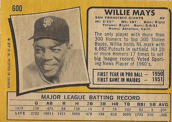 1971 O-Pee-Chee #600 Willie Mays Back