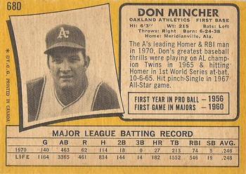 1971 O-Pee-Chee #680 Don Mincher Back