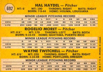 1971 O-Pee-Chee #692 A.L. Pitchers 1971 Rookie Stars (Hal Haydel / Rogelio Moret / Wayne Twitchell) Back