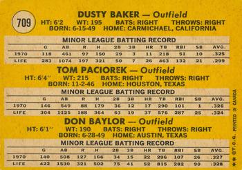 1971 O-Pee-Chee #709 Outfielders 1971 Rookie Stars (Dusty Baker / Tom Paciorek / Don Baylor) Back