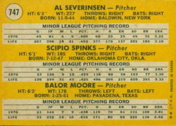 1971 O-Pee-Chee #747 N.L. Pitchers 1971 Rookie Stars (Al Severinsen / Scipio Spinks / Balor Moore) Back