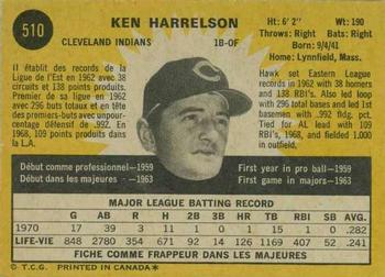 1971 O-Pee-Chee #510 Ken Harrelson Back