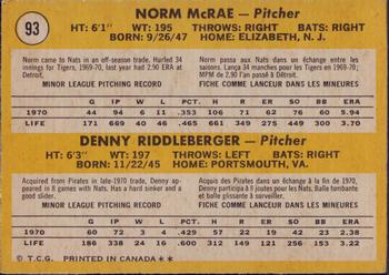 1971 O-Pee-Chee #93 Senators 1971 Rookie Stars (Norm McRae / Denny Riddleberger) Back